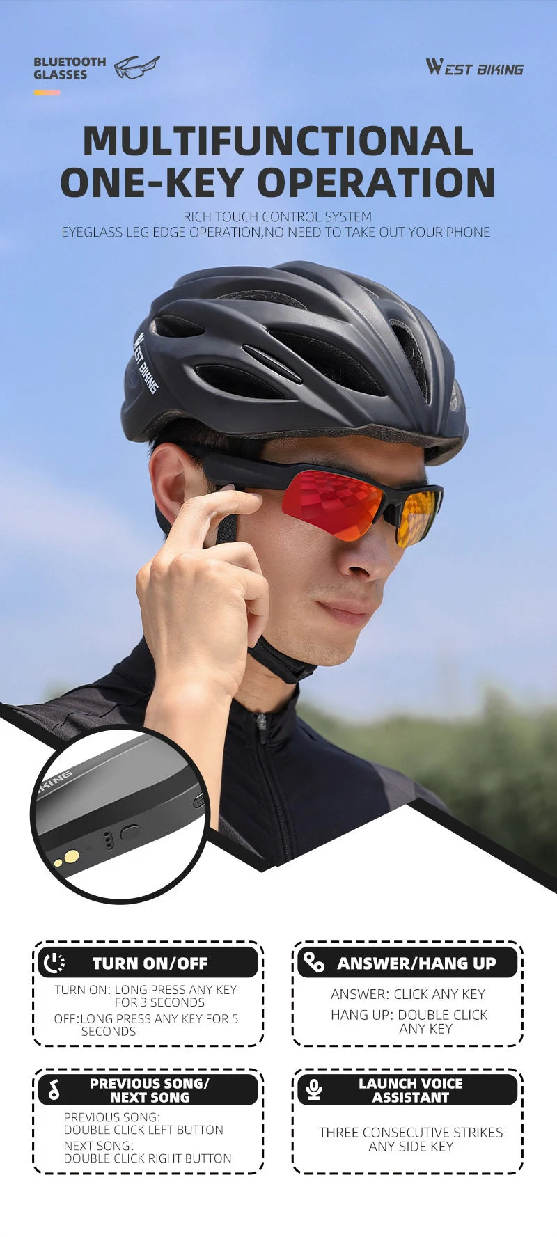 Bluetooth Smart Glasses with Headset, Audio Calls, Sports Sunglasses, Stereo Music Headphones, UV400 Protection for Cycling