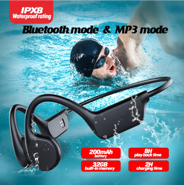 Bone Conduction Earphones Bluetooth Wireless IPX8 Waterproof MP3 Player Hifi Ear-hook Headphone With Mic Headset Swimming Earbud