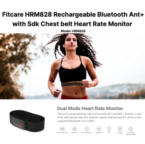 Fitcare HRM828 Rechargeable Bluetooth Ant+ with SDK Chest Strap Heart Rate Monitor Sensor in Fitness