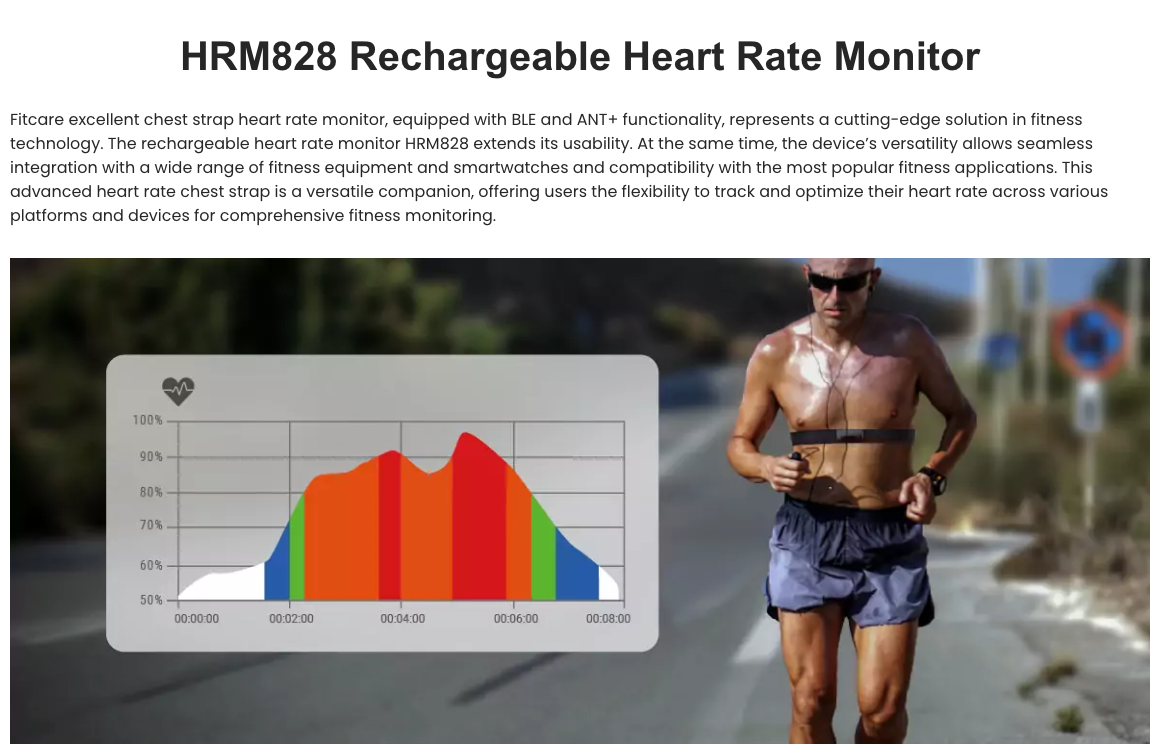 Fitcare HRM828 Rechargeable Bluetooth Ant+ with SDK Chest Strap Heart Rate Monitor Sensor in Fitness